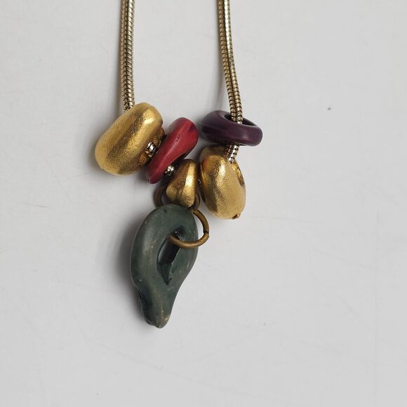 Vintage Gold Snake Chain Necklace With Stone Metal Bead Charm Accents - Picture 3 of 5